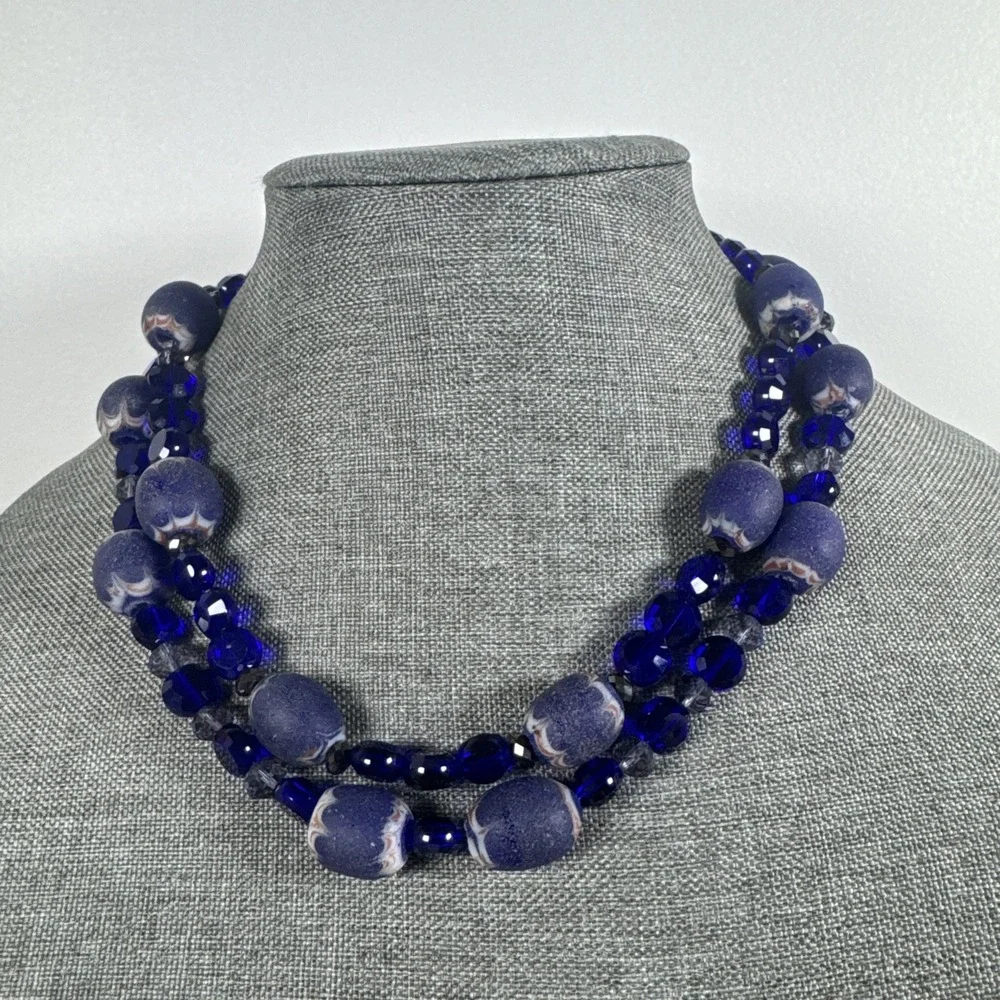 Statement Necklace Recycled Blue Glass Froster Handmade Handcrafted Beads 18